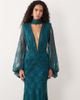 ASOS DESIGN ASOS DESIGN lace deep plunge maxi dress with scarf detail and blouson sleeve in teal-Blue - 3