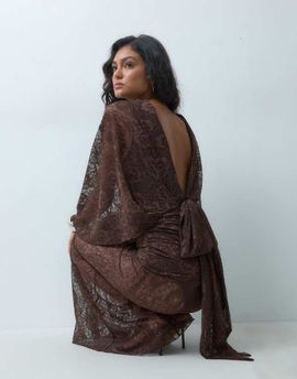 ASOS DESIGN ASOS DESIGN lace flutter sleeve v back maxi dress in chocolate-Brown