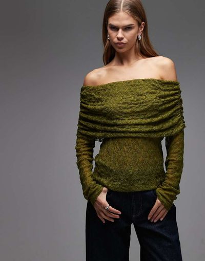 ASOS DESIGN ASOS DESIGN lace fold-over off-shoulder top in green