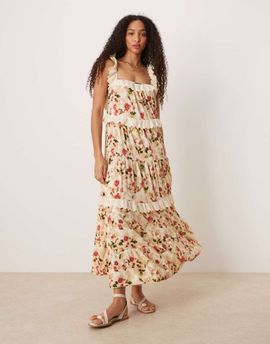 ASOS DESIGN ASOS DESIGN lace insert ruffle tiered maxi swing dress in vintage floral print-Multi