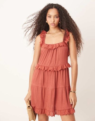 ASOS DESIGN ASOS DESIGN lace insert ruffle tiered swing mini dress in rust-No color