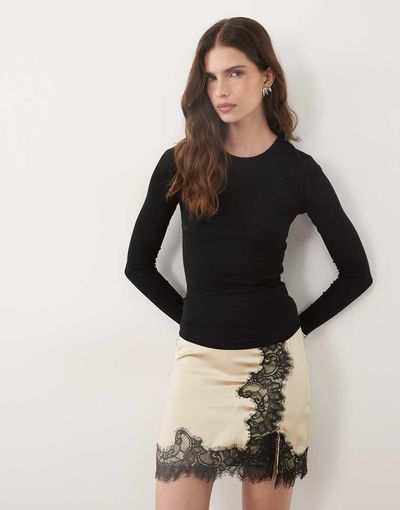 ASOS DESIGN ASOS DESIGN lace insert satin mini skirt in oyster with black lace-MULTI