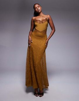 ASOS DESIGN ASOS DESIGN lace maxi dress with asymmetric strapping in bronze-Brown