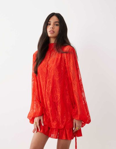 ASOS DESIGN ASOS DESIGN lace mini dress with blouson sleeve and hem detail in red