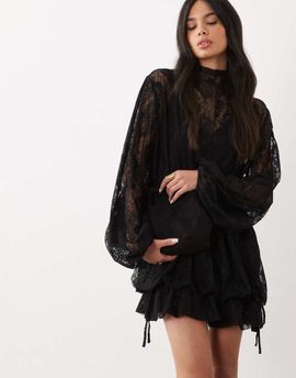 ASOS DESIGN ASOS DESIGN lace mini dress with blouson sleeves and hem detail in black