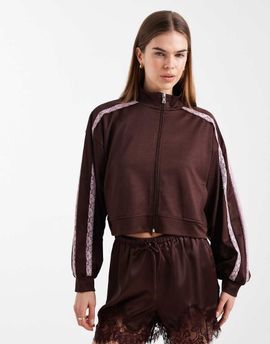 ASOS DESIGN ASOS DESIGN lace trim detail funnel neck tricot track jacket in chocolate-Brown