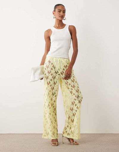 ASOS DESIGN ASOS DESIGN lace wide leg pants in lemon - part of a set-Yellow
