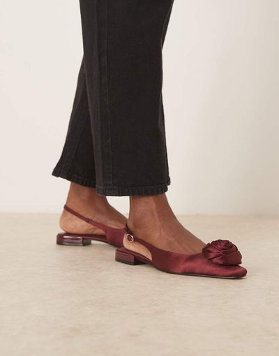 ASOS DESIGN ASOS DESIGN Lamas corsage chisel toe slingback ballet flats in plum satin-pink