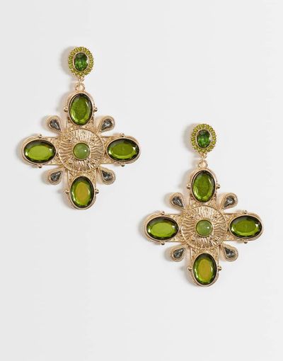 ASOS DESIGN ASOS DESIGN large pendant earrings with ecclesiastic green stones in gold tone