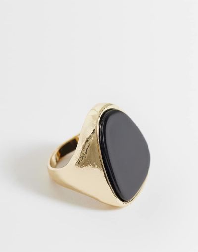 ASOS DESIGN ASOS DESIGN large ring with black stone setting in gold tone-Silver