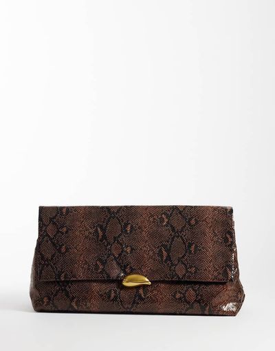 ASOS DESIGN ASOS DESIGN large soft clutch in snake print with hardware detail-Brown