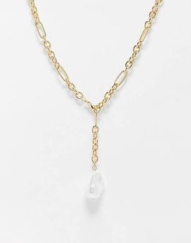ASOS DESIGN ASOS DESIGN lariat necklace with adjustable curb chain and pearl detail-Gold