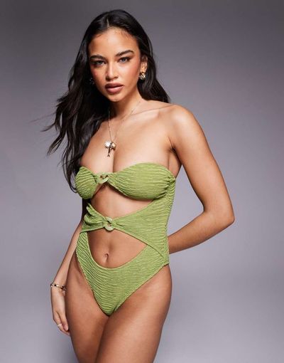 ASOS DESIGN ASOS DESIGN Laurie twist front chain link bandeau swimsuit in lime-Green