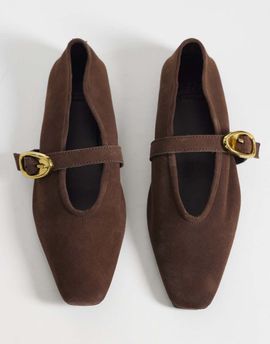 ASOS DESIGN ASOS DESIGN Lava premium chisel toe mary jane ballet flats in chocolate suede-Brown
