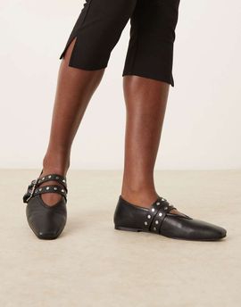 ASOS DESIGN ASOS DESIGN Lava premium chisel toe Mary Jane ballets in black leather