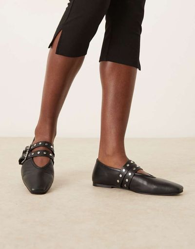 ASOS DESIGN ASOS DESIGN Lava premium chisel toe Mary Jane ballets in black leather