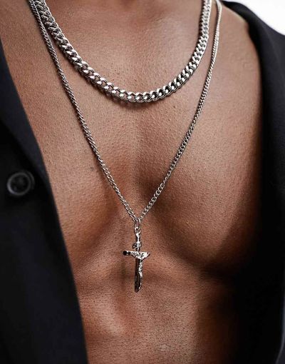 ASOS DESIGN ASOS DESIGN layered neck chain with cross in silver tone
