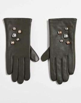 ASOS DESIGN ASOS DESIGN leather embellished gem stone short gloves-Green