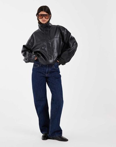 ASOS DESIGN ASOS DESIGN leather look funnel neck bomber jacket in black