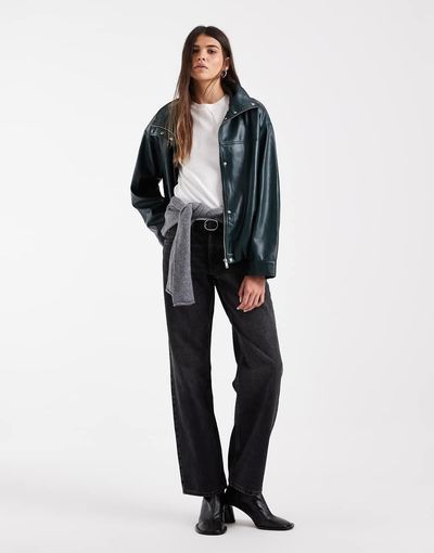 ASOS DESIGN ASOS DESIGN leather look funnel neck bomber jacket in dark green