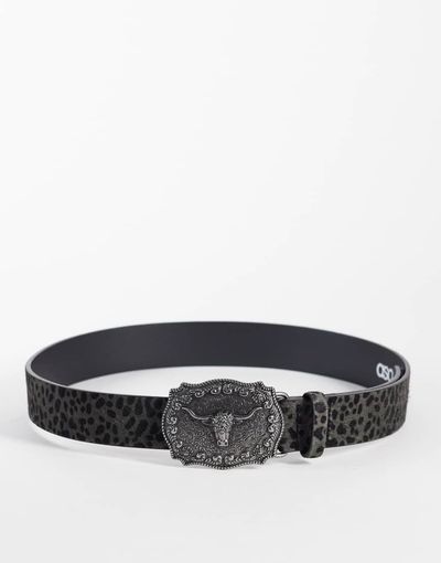 ASOS DESIGN ASOS DESIGN leopard cowhide hair western belt with silver rams head buckle in neutral