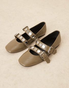 ASOS DESIGN ASOS DESIGN Liesel studded double strap mary jane ballet flats in khaki-Green