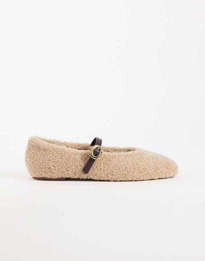 ASOS DESIGN ASOS DESIGN Lillie mary jane ballet flats in natural borg-Neutral