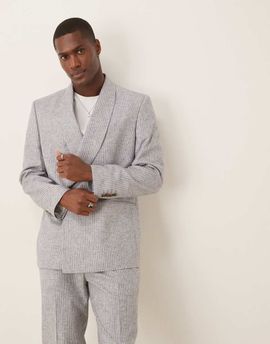 ASOS DESIGN ASOS DESIGN linen blend double breasted regular suit jacket in blue stripe