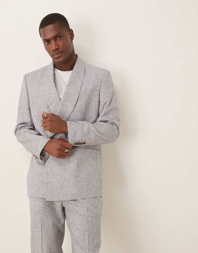 ASOS DESIGN ASOS DESIGN linen blend double breasted regular suit jacket in blue stripe