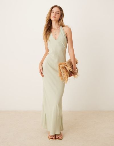 ASOS DESIGN ASOS DESIGN linen blend halter maxi dress in sage green