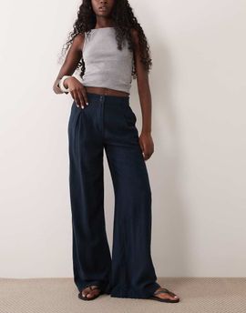 ASOS DESIGN ASOS DESIGN linen blend wide leg pants with pleated detailing in navy