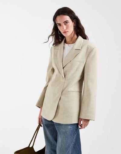 ASOS DESIGN ASOS DESIGN linen look double breasted blazer in khaki-Green