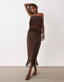ASOS DESIGN ASOS DESIGN linen look fringe pencil skirt in chocolate-Brown