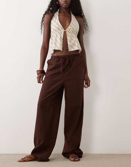 ASOS DESIGN ASOS DESIGN linen look pull on pants in chocolate-Neutral