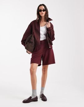 ASOS DESIGN ASOS DESIGN linen look relaxed dad shorts in burgundy-Navy