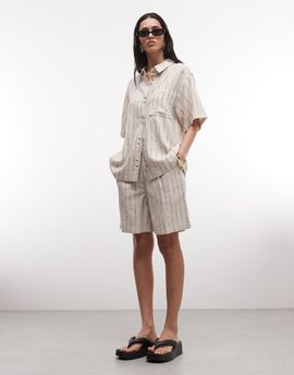 ASOS DESIGN ASOS DESIGN linen look relaxed dad shorts in natural stripes-Neutral