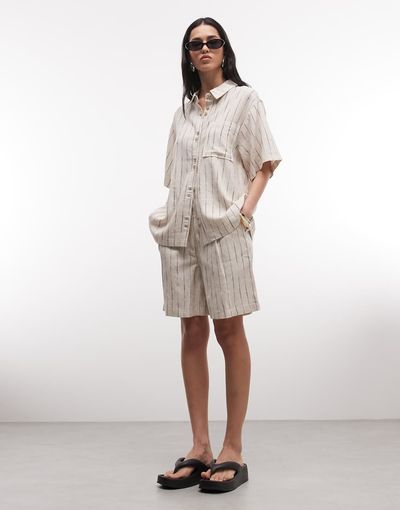 ASOS DESIGN ASOS DESIGN linen look relaxed dad shorts in natural stripes-Neutral