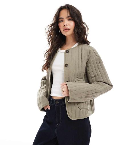 ASOS DESIGN ASOS DESIGN linen mix collarless quilted cropped jacket in khaki-Green
