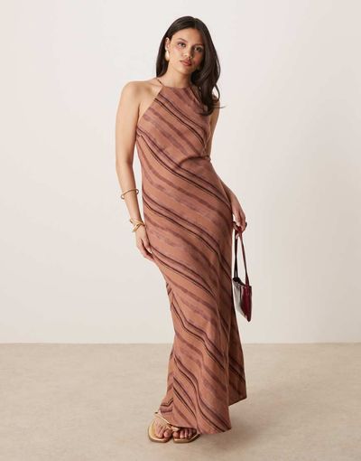 ASOS DESIGN ASOS DESIGN linen racer maxi sundress in brown stripe-Multi