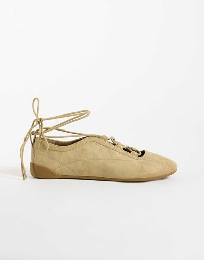 ASOS DESIGN ASOS DESIGN Liquorice lace up ballet flats in sand suedette-Neutral