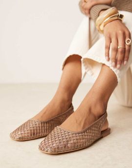 ASOS DESIGN ASOS DESIGN Lisse round-toe slingback ballet flats in taupe weave-Brown