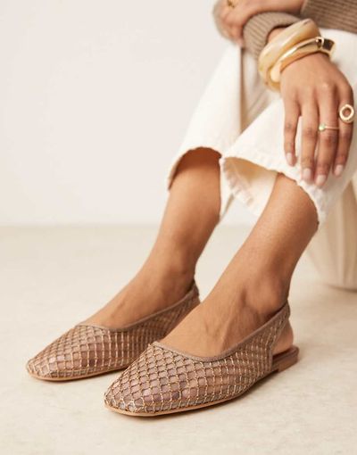 ASOS DESIGN ASOS DESIGN Lisse round-toe slingback ballet flats in taupe weave-Brown