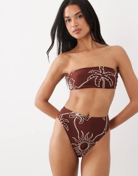 ASOS DESIGN ASOS DESIGN Logan high leg high waist bikini bottoms in chocolate palm print-Brown