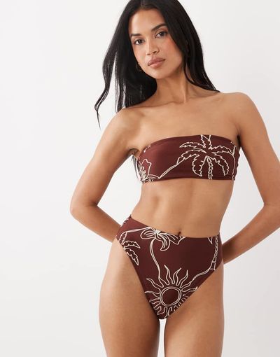 ASOS DESIGN ASOS DESIGN Logan high leg high waist bikini bottoms in chocolate palm print-Brown