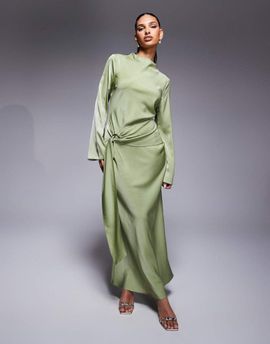 ASOS DESIGN ASOS DESIGN long sleeve bias cut satin maxi dress with d-ring buckle in soft green