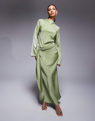 ASOS DESIGN ASOS DESIGN long sleeve bias cut satin maxi dress with d-ring buckle in soft green