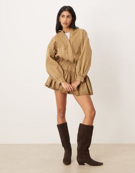 ASOS DESIGN ASOS DESIGN long sleeve blouson tie waist mini shirt dress in washed gold