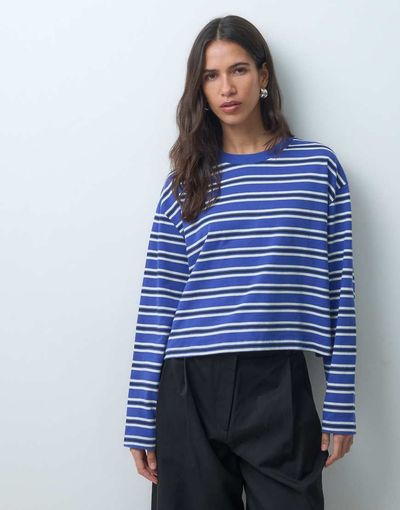 Asos Design Long Sleeve Boxy Cropped T-Shirt In Blue And Cream Stripe-Multi
