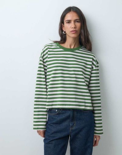 Asos Design Long Sleeve Boxy Cropped T-Shirt Pink And Khaki Stripe-Multi