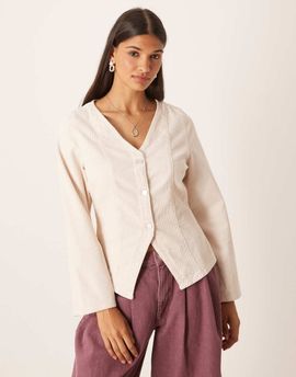 ASOS DESIGN ASOS DESIGN long sleeve corduroy top with cinched waist-Neutral